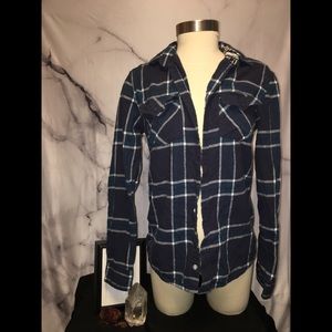Navy Blue, Green and White Plaid Flannel